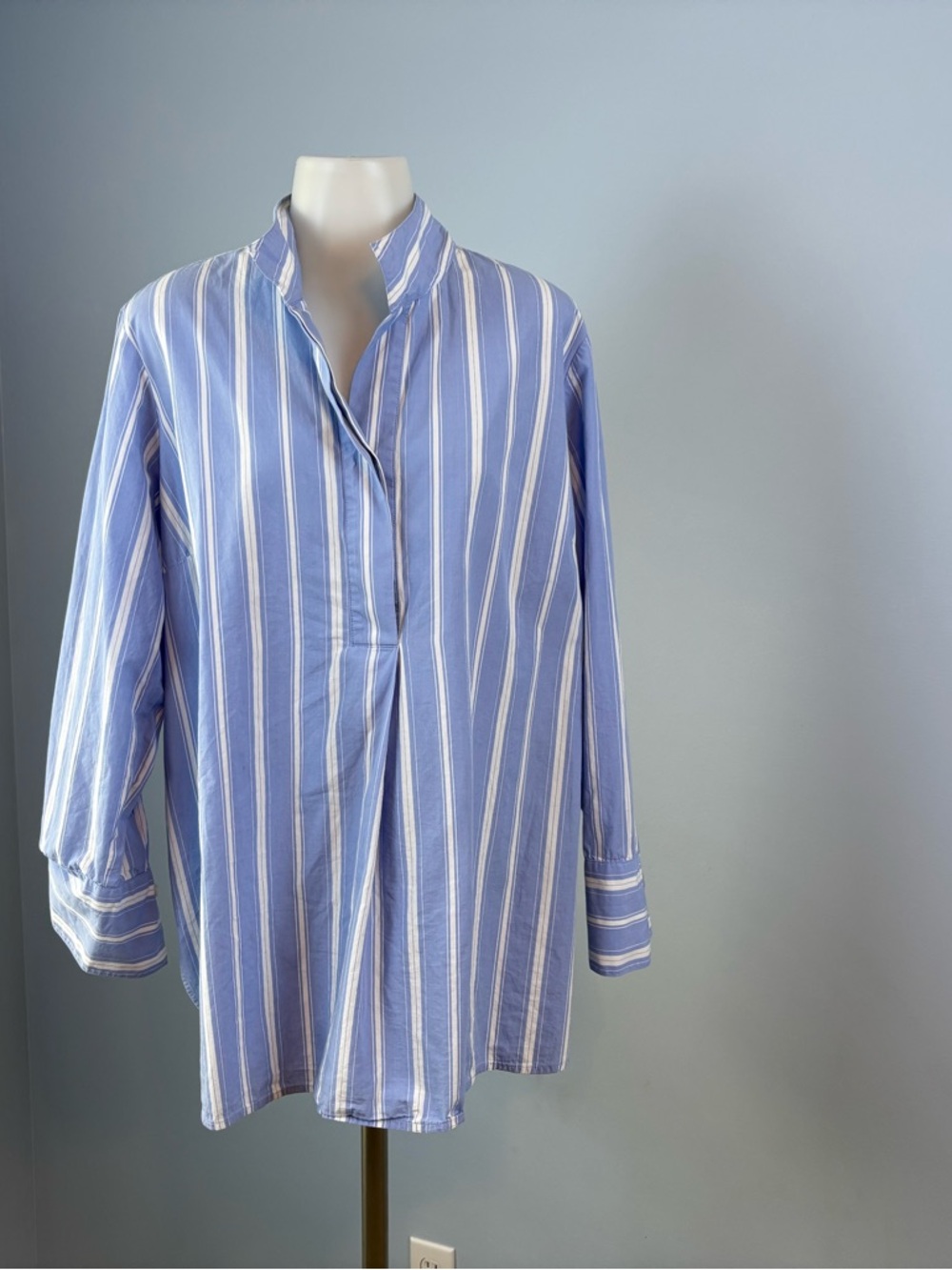 J. Jill Light Blue and White Vertical Stripe Mandarin Tunic